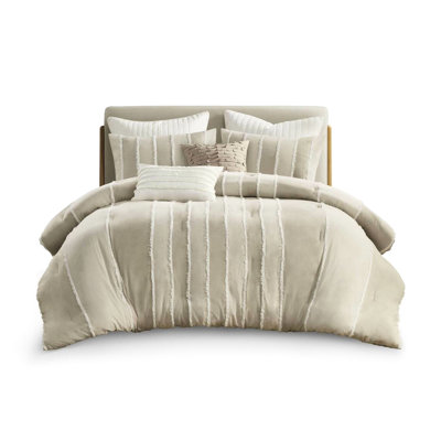 3 Piece Comforter Taupe King/ King - Cotton Filling Stripes Adorned With Trim Machine Washable Gorgeous Look Enchanting