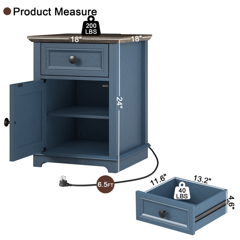 Azella 1-Drawer Frame End Table Set with Storage and Built-In Outlets, Blue/Brown