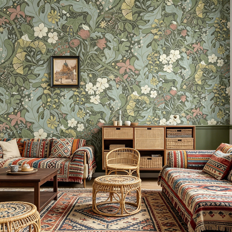 Green Floral Peel & Stick Wallpaper - Waterproof Botanical Design for Walls & Furniture