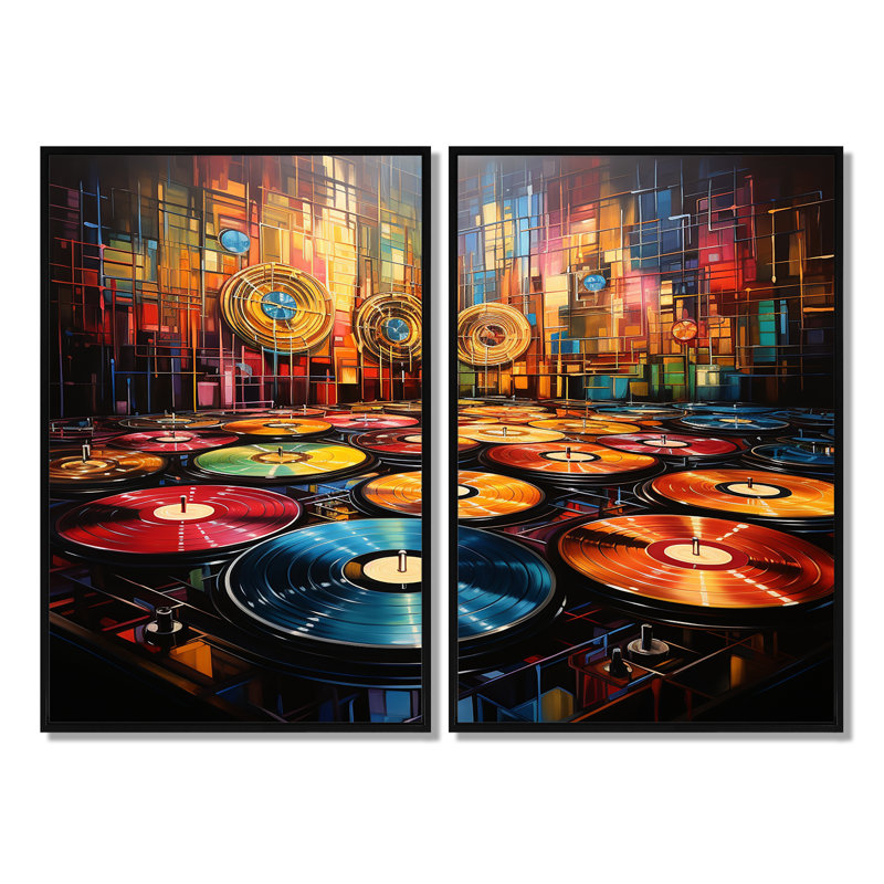 Vinyle Disque Rythme Résonance II - Décoration murale moderne 2 panneaux, Black, 36" H x 48" W, Impression encadrée flottante