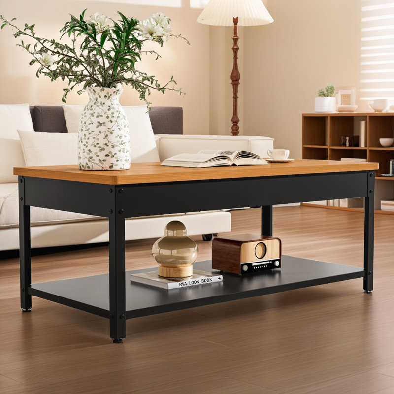 Table basse de rangement sécurisée 47,2 "- verrou d'empreinte digitale et compartiment caché, Bois naturel