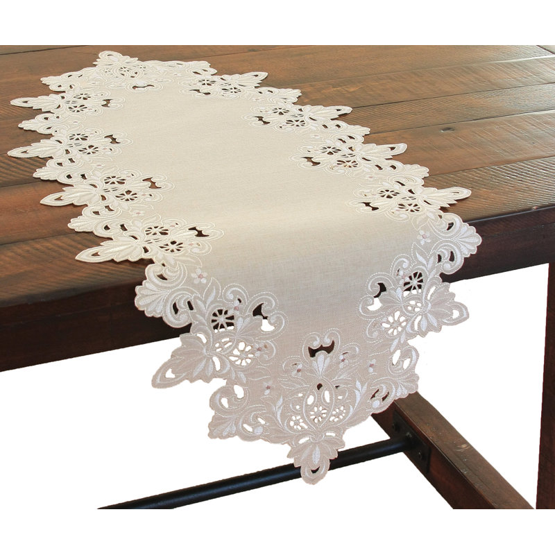 Victorian Lace Embroidered Cutwork Table Runner, 34" L x 16" W, Taupe