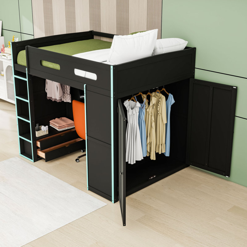 Full Wooden Loft Bed With RGB LED Light, Wardrobe, USB Port And Desk, Cloud Blue