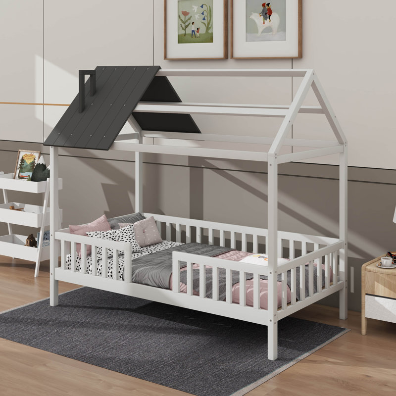 Lit simple en bois avec clôture, Blanc / Gris