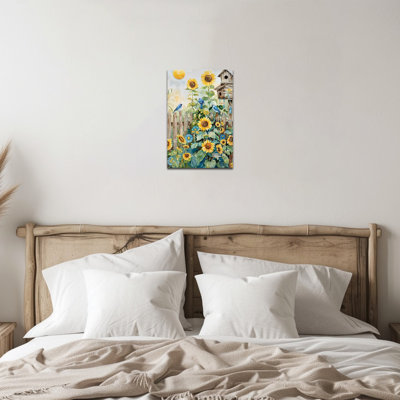 Grande toile de tournesol, art mural, peinture oiseau bleu, ferme, clôture rustique, art mural, impressions photo décoratives, prêt à être accroché pour la cuisine, le salon, la salle de bain, le bureau, 24 po x 36 po
