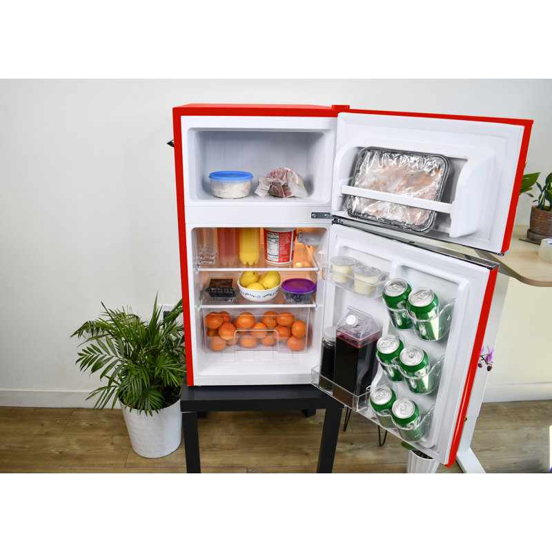 FRIGIDAIRE Retro 2-Door Compact Fridge Freezer Combo, 3.1 Cu. Ft., Stainless Steel, Built-in Bottle Opener, Red