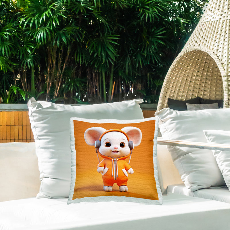 White Mouse with Headphones Outdoor Printed Pillow by Roozbeh