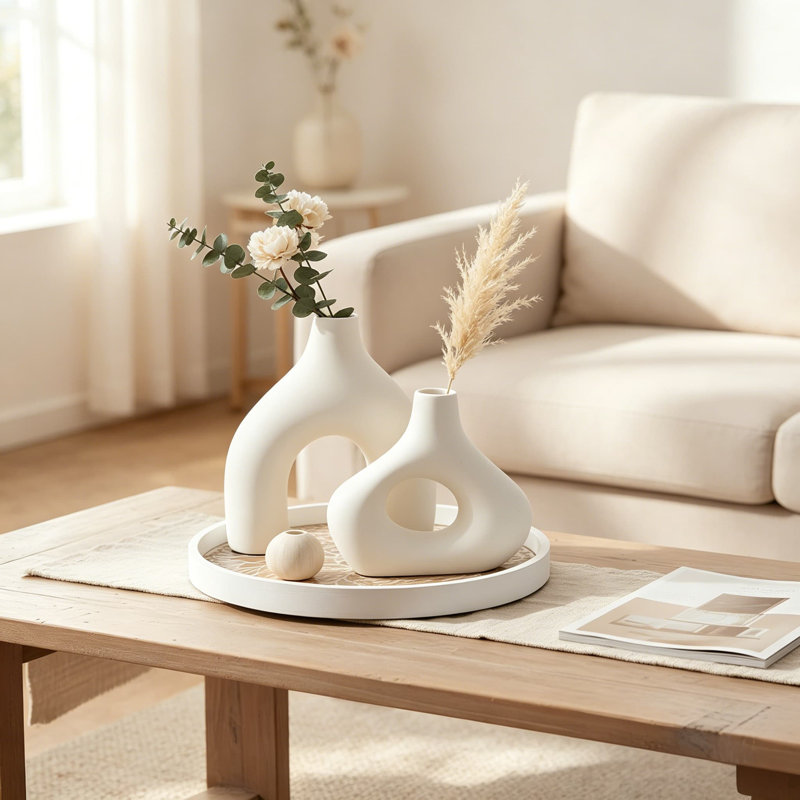 Ensemble de centres de table Boho avec plateau en bois, vases en céramique et guirlande de perles en bois pour table basse, comptoir de cuisine et décoration intérieure