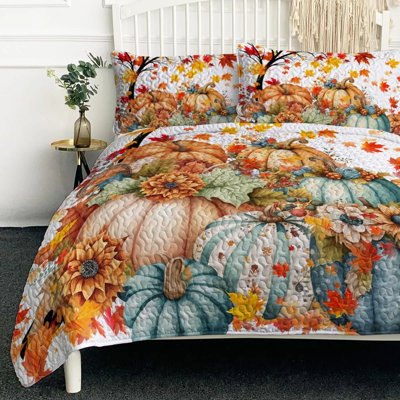 Ensemble de courtepointe à motif de citrouille et peinture à l'huile 3 pièces, literie de feuilles d'automne colorées avec 2 taies décoratives, ensemble de microfibre toutes saisons pour enfants adultes, cadeau de l'Action de grâce