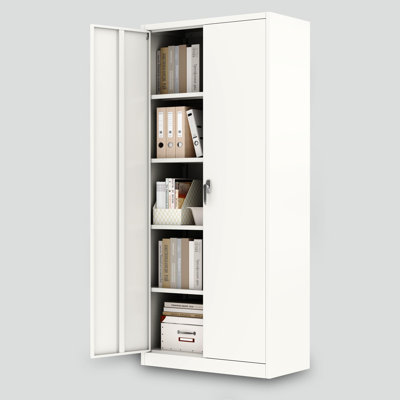 71" White Secure & Spacious Metal Filing Cabinet  Tall Storage Locker with Lock Double Doors 5 Adjustable Shelves for Office Garage School