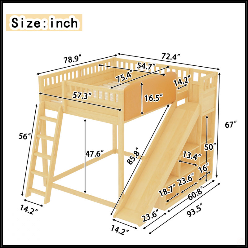 Lit mezzanine double avec tête de lit tapissier, tablettes de rangement, échelle et glissade, finition naturelle