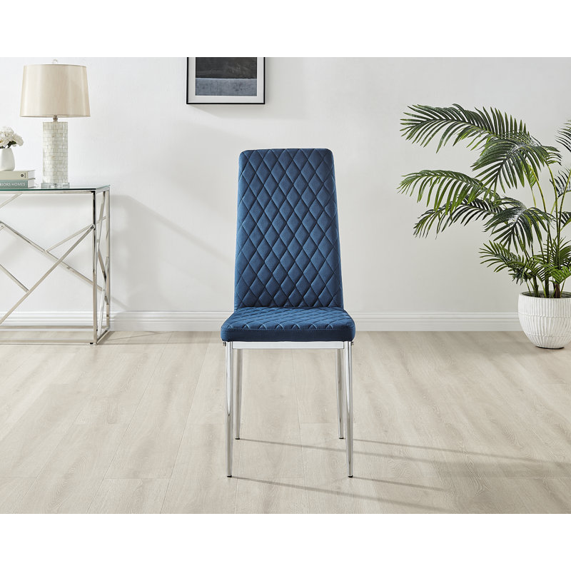 Keensburg Luxury Velvet Modern Tall Back Dining Chairs with Metal Legs & Diamond Stitching, Silver, Navy, 4
