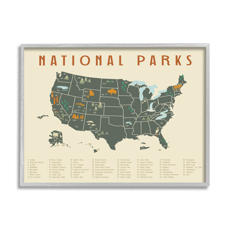 Carte d'aventure des parcs nationaux des États-Unis vert orange gris surdimensionné, giclée sur toile, art texturé par Daphne Polselli