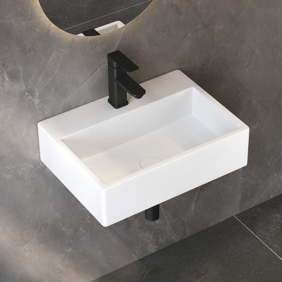 19" W x 14" D Crisp White Ceramic Rectangular Wall-Mount/Vessel Bathroom Sink with Mounting Bolts