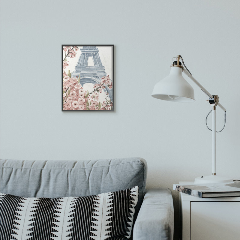 «Paris Flowers Eiffel Tower Pink Blue», reproduction d'art, H 11 po x l 14 po x P 1,5 po, Giclée encadrée noir minuit