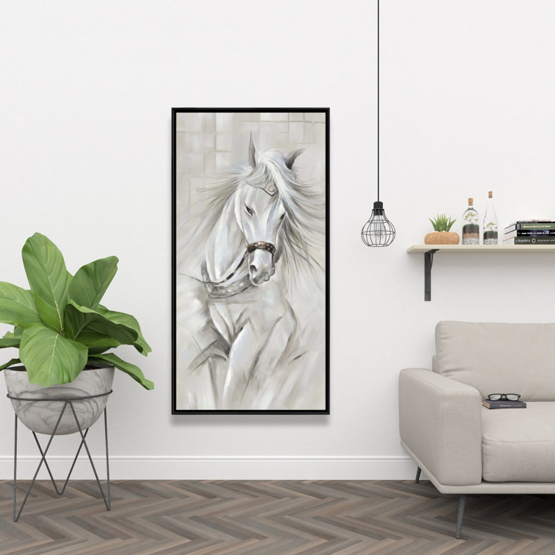 White horse with his mane in the wind - 24"x48" Framed canvas