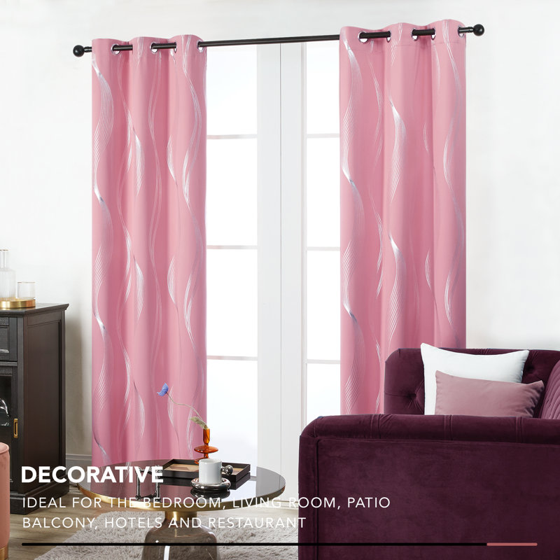 Spurgh Sliver Wave Foil Print Blackout Thermal Grommet Curtain Panels (Set of 2), Pink, 42" W x 90" L