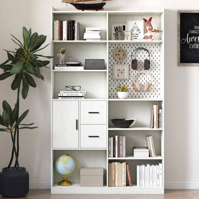 Bibliothèque et bibliothèque avec panneau perforé et tiroir ou armoire de cuisine, 9 étagères à livres, étagère en bois moderne pour le salon ou la cuisine et la salle à manger, blanc