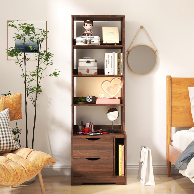 Table de chevet avec bibliothèque, table de chevet avec 2 tiroirs de rangement pour la chambre à coucher