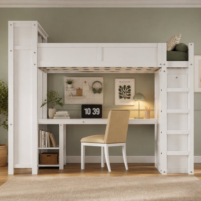 Grand lit mezzanine en bois avec garde-robe et bureau, tête de lit avec rangement et port USB, blanc