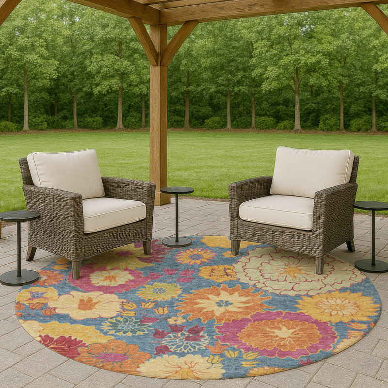 Machine Washable Indoor/Outdoor Matteson ACN2293 Floral Rug, Round 8'