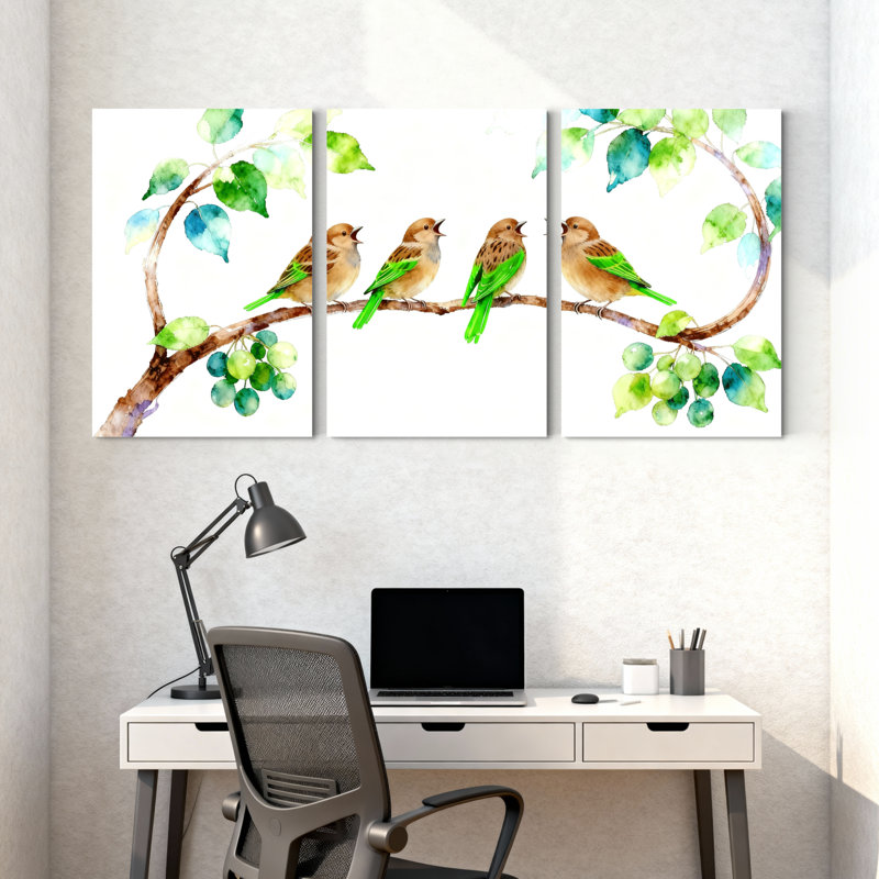 Oiseaux sur une branche avec des feuilles et des baies, ensemble de 3 impressions sur toile, H 24 po x l 48 po