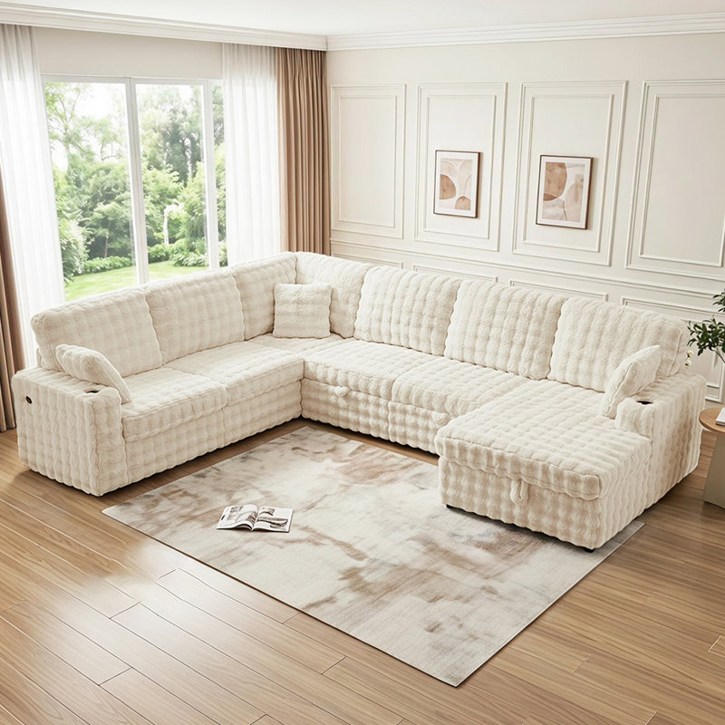 U-Shaped Sectional Sleeper Sofa with Pull-Out Bed and Storage Chaise Lounge, USB and Type-C Ports, for Living Room Apartment Small Space