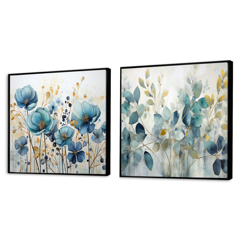 Blue Botanical Rhythms - Ensemble de 2 collages carrés botaniques abstraits, Cadre flottant noir, H 30 po x l 61 po