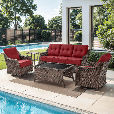 Craftedcane 5-Person Outdoor  PE Wicker Patio Conversation Set With 6" Thickness Cushions