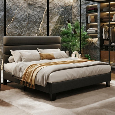 Platform Bed Frame, Linen Upholstered Bed with Adjustable Headboard, Heavy Duty Wooden Slats, Noise-Free Support, No Box Spring Needed, Easy Assembly