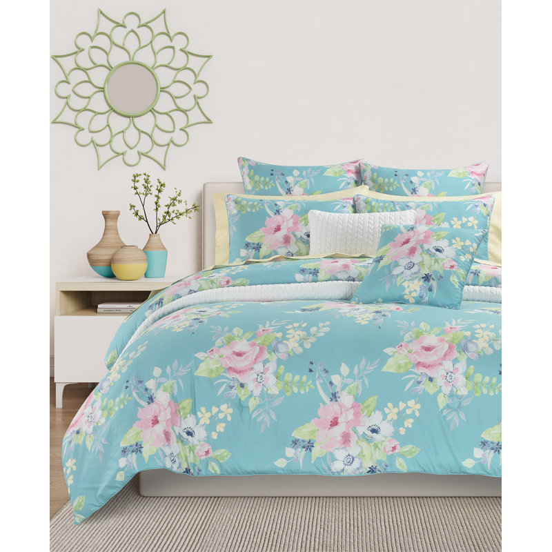 Blue Floral Microfiber Queen Reversible Bedding Set