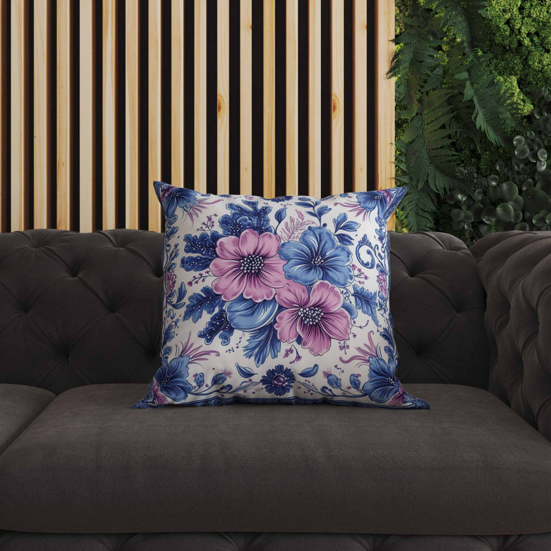 Coussin d'intérieur / extérieur à motif de pervenche, Bleu / Rose, Carré 18 po