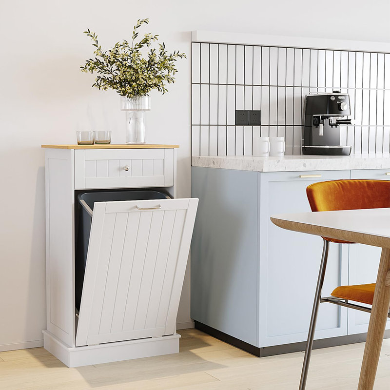 Armoire à poubelle inclinable avec tiroir caché et planche à découper 10 gallons - Support de cuisine autoportant pour les déchets et le recyclage sans animaux, blanc