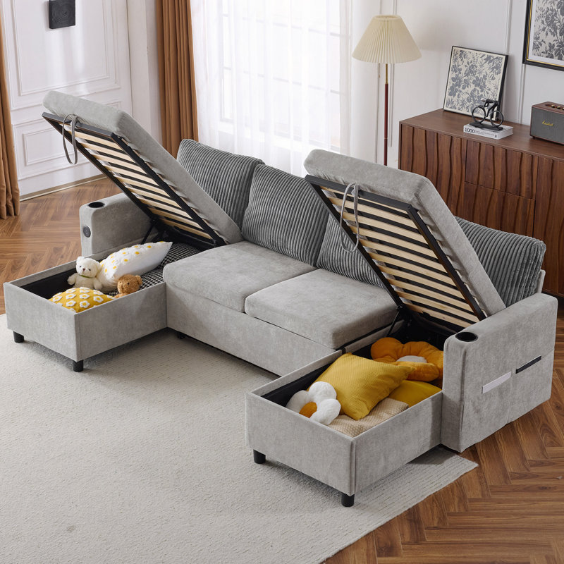 Canapé-lit modulaire de 113,4 po avec canapé-lit polyvalent avec grand espace de rangement, deux ports USB et deux porte-gobelets pour le salon