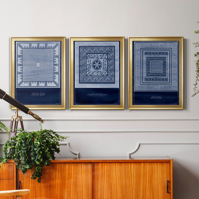 Indigo Tile I - ensemble de 3 impressions sur toile encadrées, Encadrement doré, H 22,5 po x l 91,5 po x P 1,5 po