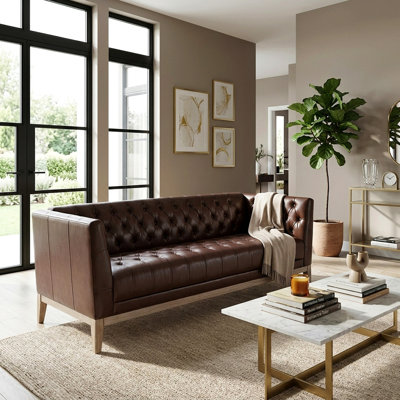 Canapé 3 places en similicuir de 201 cm (79,1 pouces), style Chesterfield moderne du milieu du siècle avec capitonnage à boutons, revêtement 100 % PU, pieds en pin massif, canapé vintage pour salon, appartement et bureau.