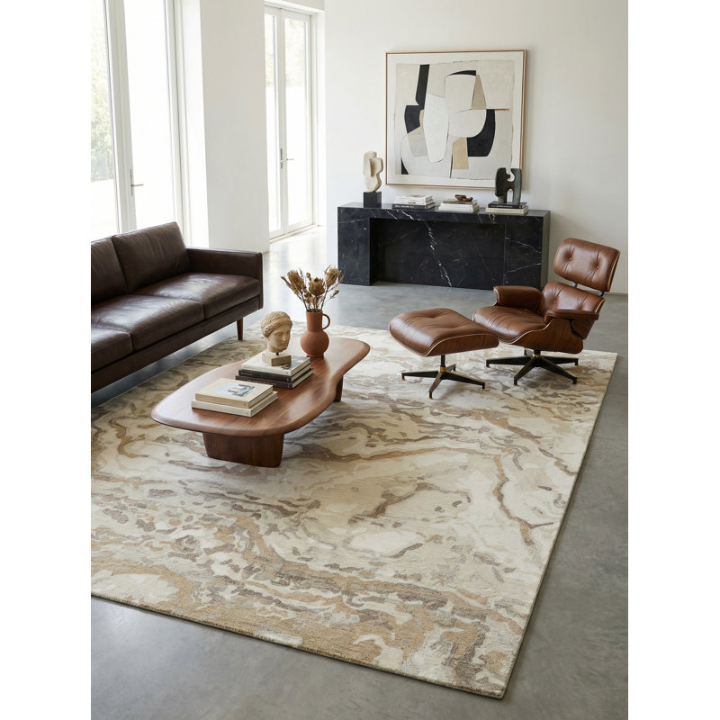 Cortero Hand Tufted Wool Abstract Area Rug, Rectangle 4' x 6', Gold/Ivory