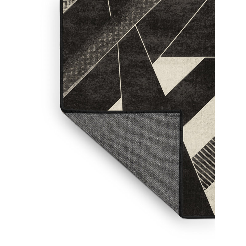 Tapis à motif géométrique noir moelleux en peluche douce - reliure noire, 8 x 10