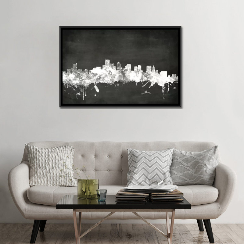 «Blackboard Skyline Series: Boston, Massachusetts, USA», reproduction d'art sur toile tendue, Toile avec cadre noir