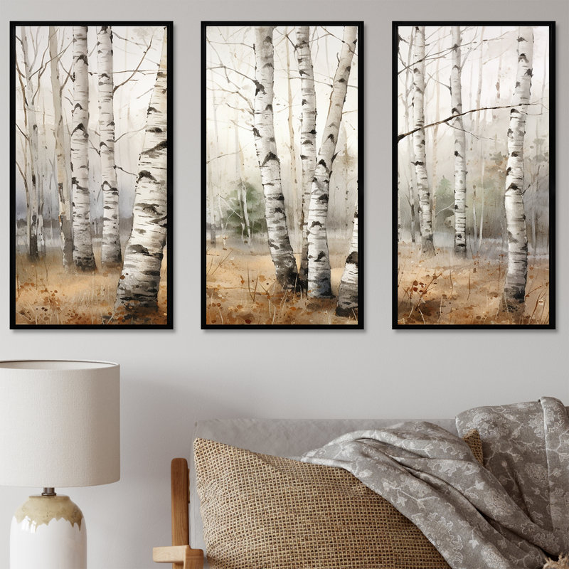 Minimalisme arbre Birchs Breath II - ensemble d'art mural en toile arbre bouleau, Cadre flottant noir, H 32 po x l 48 po