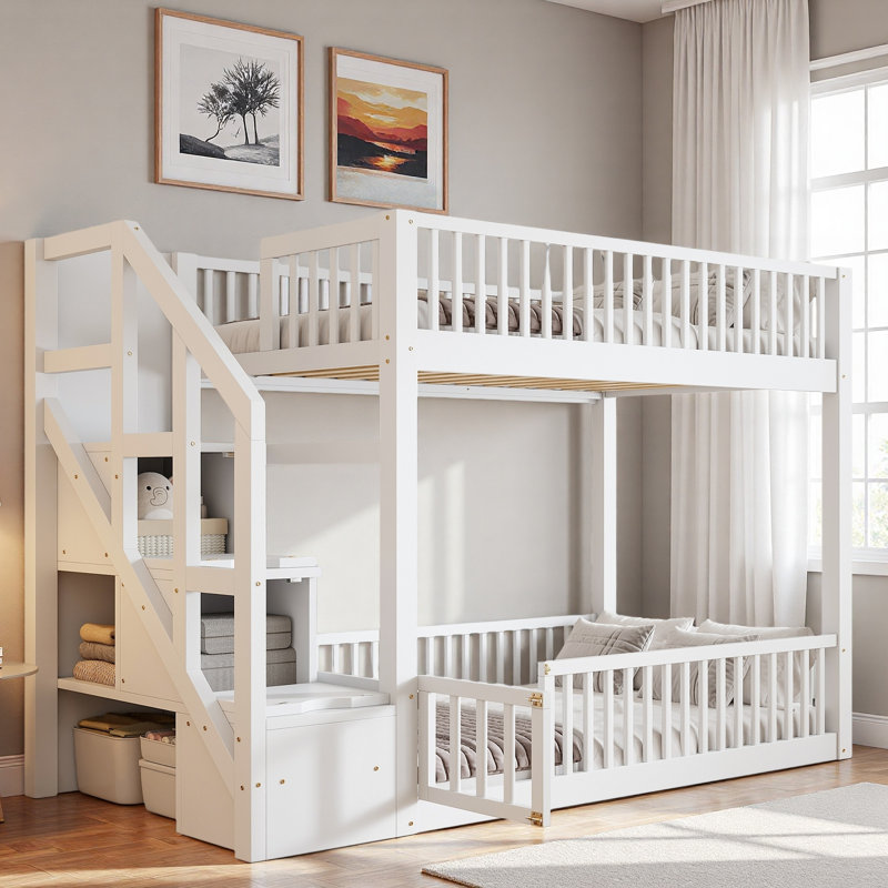 Lit superposé au sol avec escalier de rangement et garde-corps, Blanc