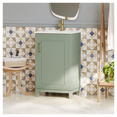 Petit meuble-lavabo moderne de 20 pouces avec lavabo en céramique - Meuble-lavabo compact vert avec porte à fermeture en douceur