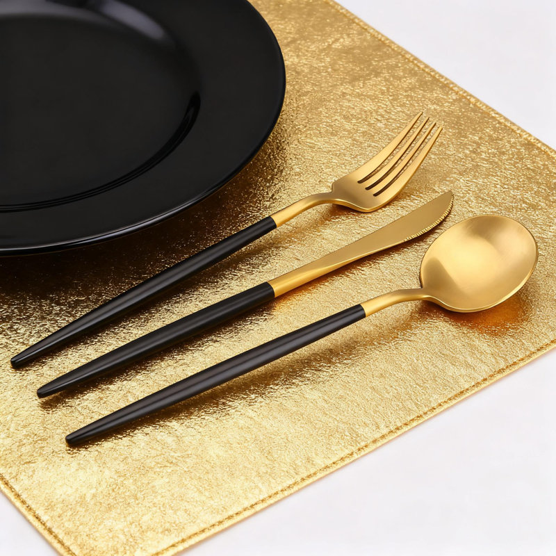 5-Piece Stainless Steel Flatware Set With Matte Gold Finish And Black Handle, Kitchen Utensil Set Service For 1, Dishwasher Safe Cutlery Set For Home And Restaurant Use