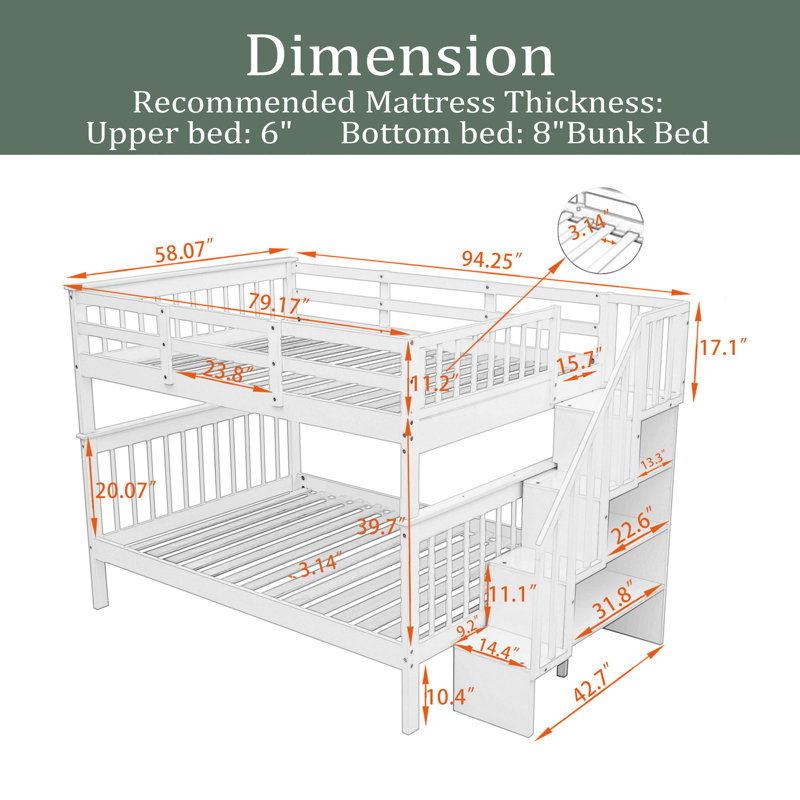 Lit superposé en escalier avec rangement et garde-corps pour chambre à coucher, Blanc