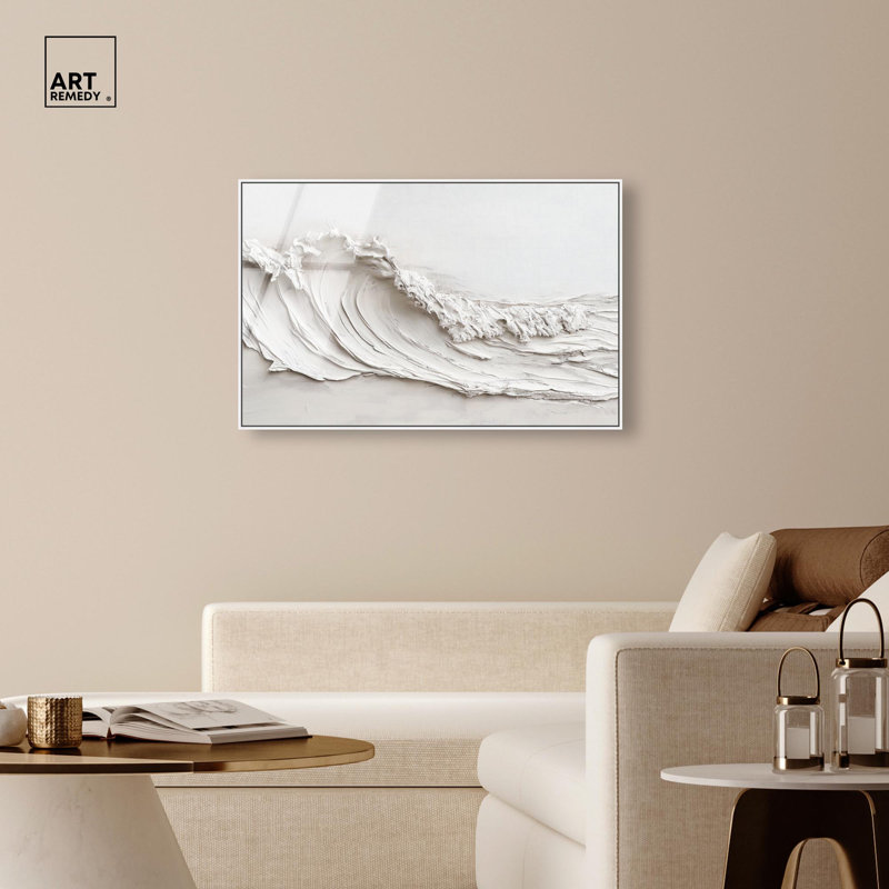 Vague sur blanc encadré en verre acrylique ultrabrillant encadré neutre Boho par Art Remedy, cadre blanc, 45 x 30, Blanc