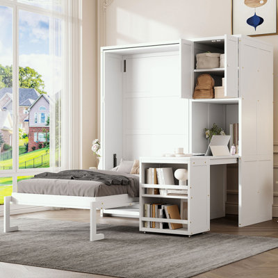 Lit escamotable mural simple avec bibliothèque, armoire supérieure, bureau extensible et rangement latéral