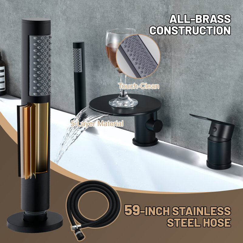 Three Holes Deck Mounted Bathroom Bathtub Faucet, Roman Waterfall Tub Filler with Hand Shower, Matte Black