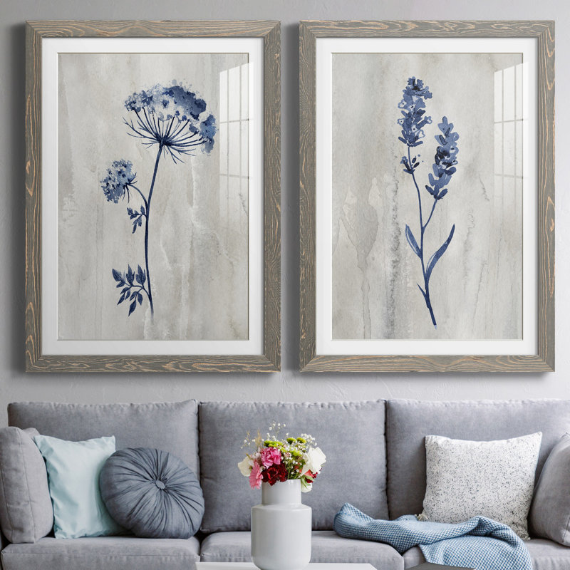 «Indigo Botanical I», ensemble de 2 reproductions d'impressions, H 31,5 po x l 47 po, Impression encadrée avec passe-partout