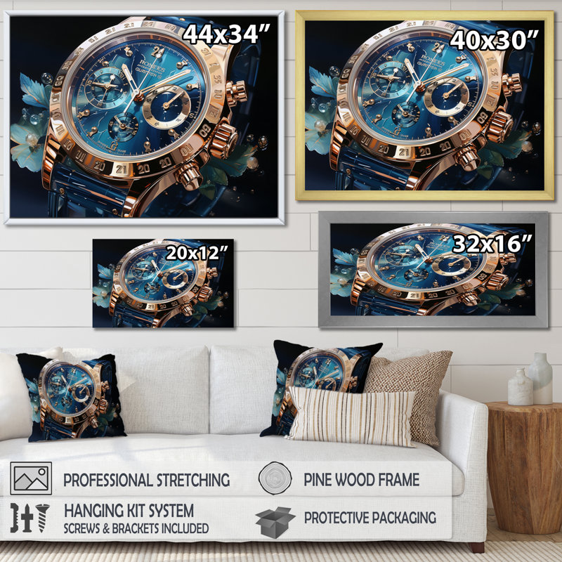 «Blue Luxury Watch» saphir horloge I sur toile, H 30 po x l 40 po, Cadre flottant doré