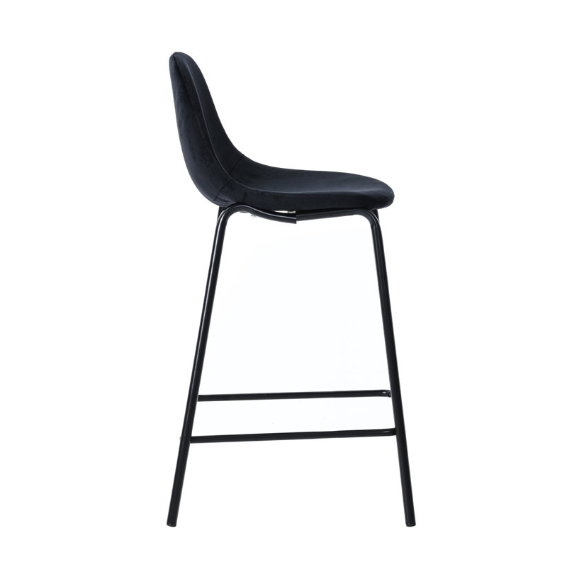 Lazio Velvet Bar Stool with Iron Legs, Black, Bar Stool (29.13” Seat Height)